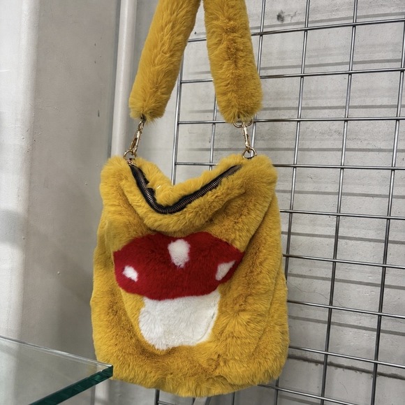 Dolls Kill Handbags - NWT Dolls Kill Mushroom Faux Fur Tote Bag Yellow Plush Shoulder Purse